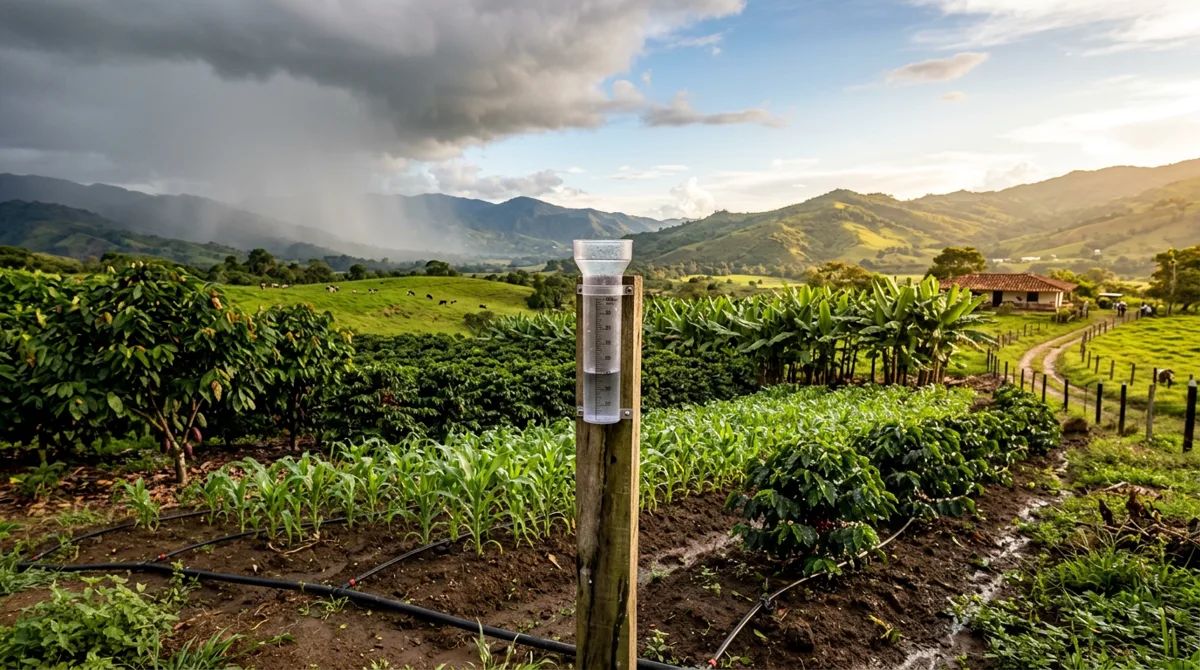 Pluviómetro en una finca con cacao, café, plátano, maíz y pasto bajo lluvia y sol